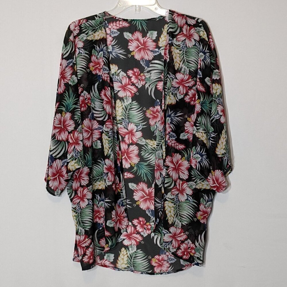 Women's Black/Red Floral Open Chiffon Kimono Tunic, Swimsuit Coverup; Size L